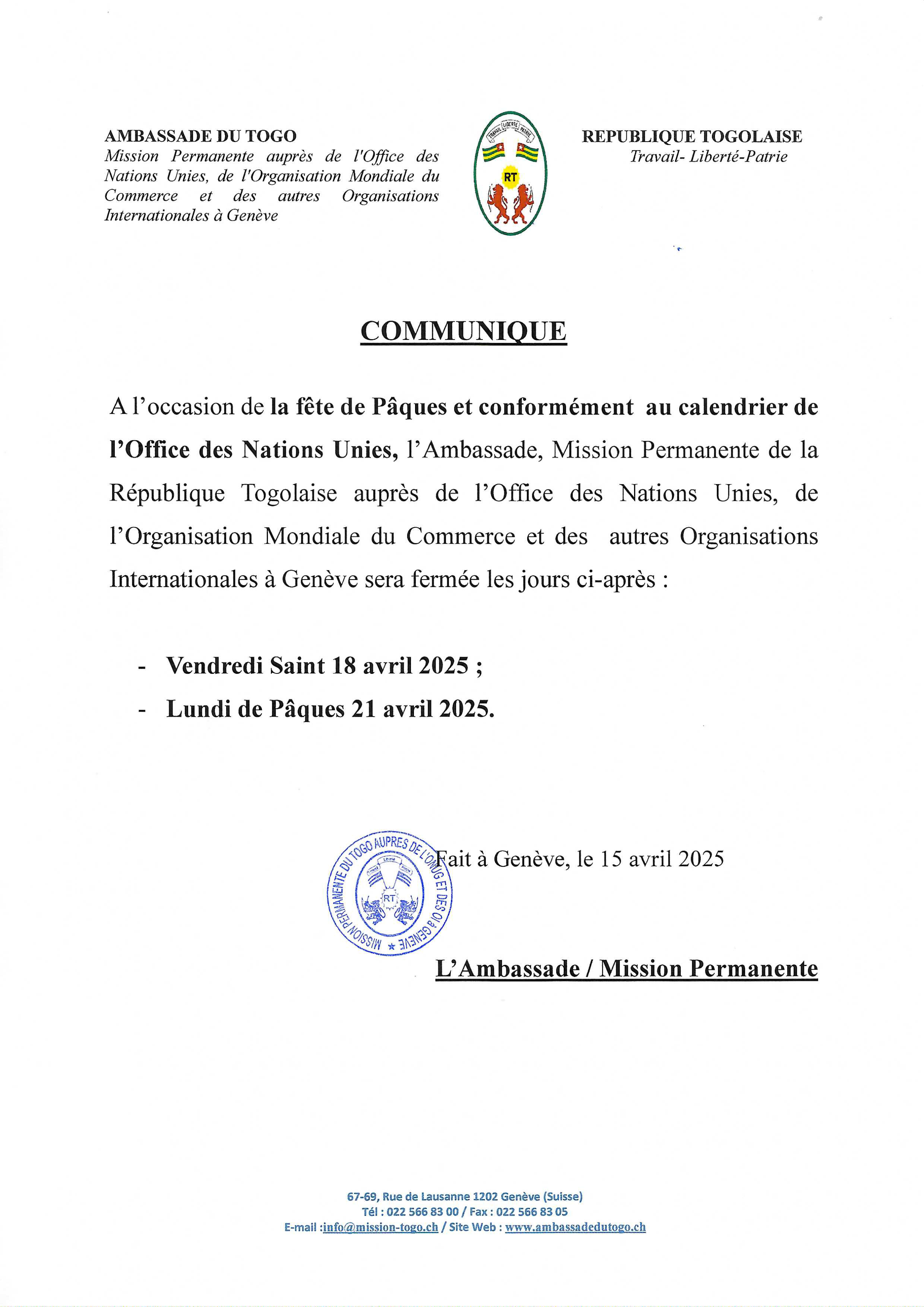 Fermeture de la Mission Permanente du Togo le 18 et 21 avril 2025