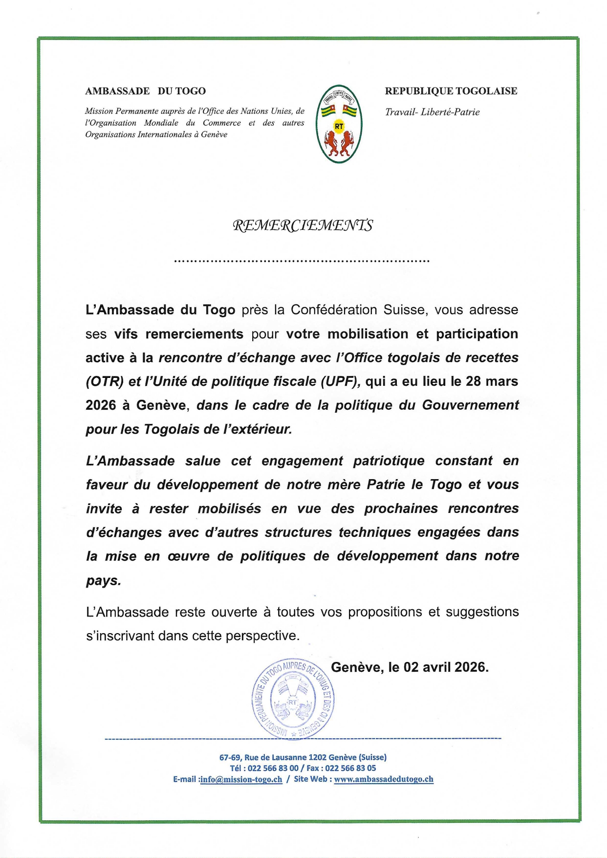 Lettre officielle de remerciements pour la participation à la rencontre OTR–UPF